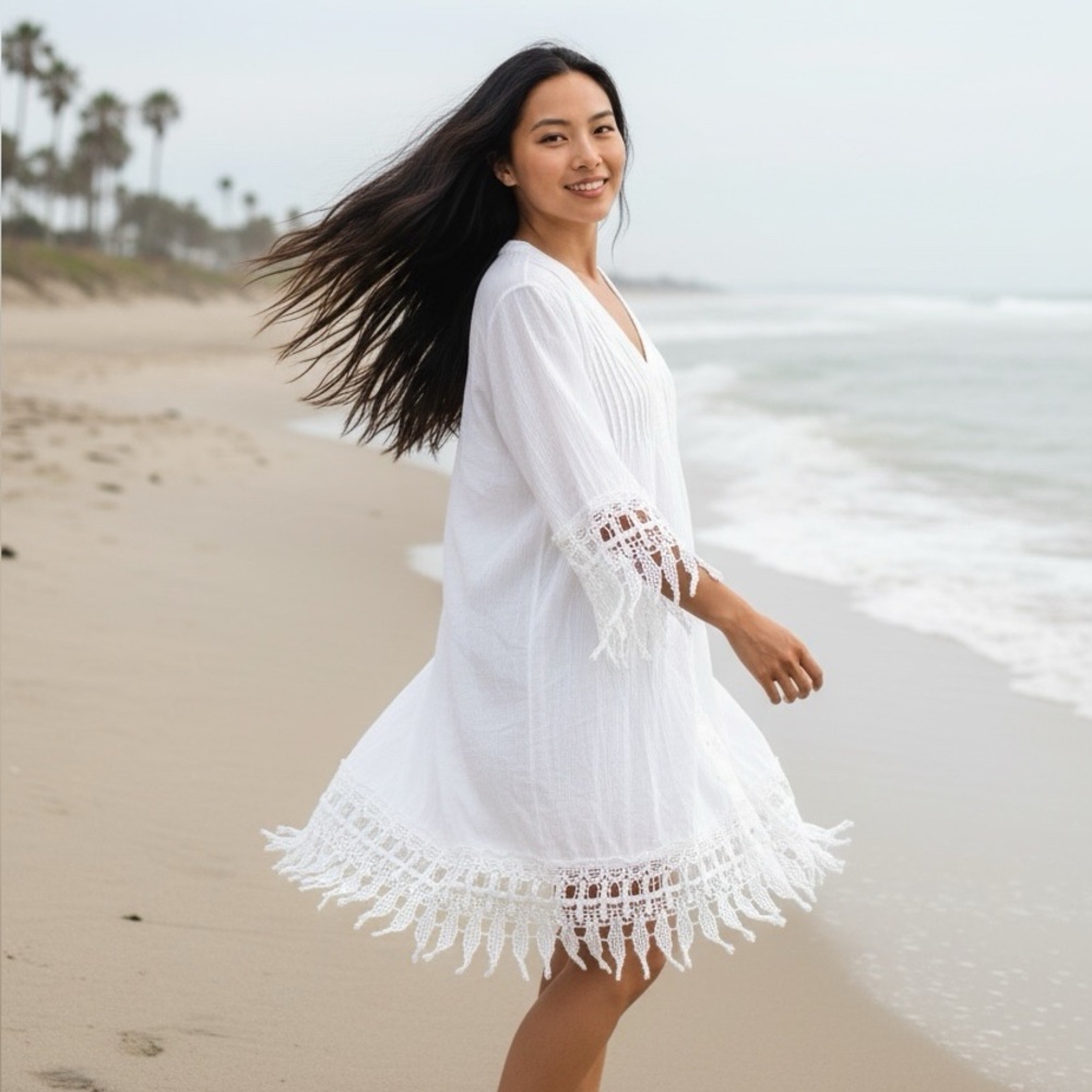 Blue Island Resortwear White Lace Beach Cover-Up Women’s Oversized Small Cotton